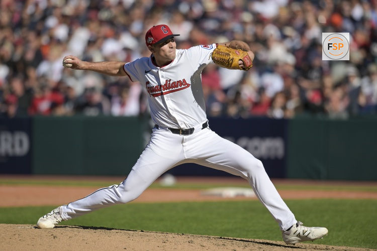 Oct 1, 2025; Cleveland, Ohio, USA; Cleveland Guardians pitcher Cade Smith (36) delivers a pitch against the Detroit Tigers in the eighth inning during game two of the Wildcard round for the 2025 MLB playoffs at Progressive Field. Credit: Ken Blaze-Imagn Images