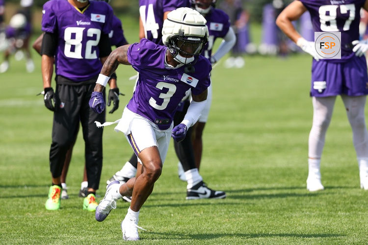 Jul 29, 2025; Eagan, MN, USA; Minnesota Vikings wide receiver Jordan Addison (3) takes part in drills during the teams training camp at the Minnesota Vikings Training Facility. Credit: Matt Krohn-Imagn Images
