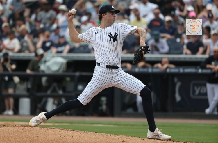 Mar 16, 2025; Tampa, Florida, USA; New York Yankees starting pitcher Cam Schlittler (76) throws a pitch during the second inning against the Pittsburgh Pirates  at George M. Steinbrenner Field. Credit: Kim Klement Neitzel-Imagn Images