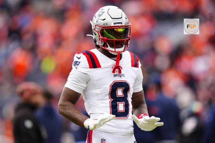 Jan 25, 2026; Denver, CO, USA; New England Patriots wide receiver Stefon Diggs (8) practices before the 2026 AFC Championship Game at Empower Field at Mile High. Credit: Ron Chenoy-Imagn Images