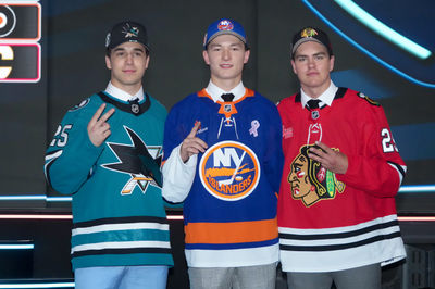 Jun 27, 2025; Los Angeles, California, USA; From left, Michael Misa, Matthew Schaefer and Anton Frondell pose for a photo after being drafted second, first and third in the first round of the 2025 NHL Draft at Peacock Theater. Mandatory Credit: Kirby Lee-Imagn Images
