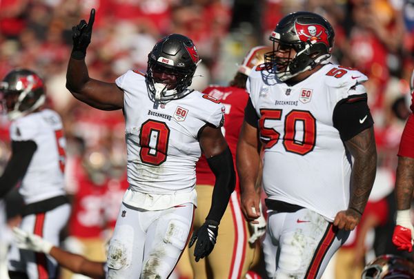 Oct 12, 2025; Tampa, Florida, USA; Tampa Bay Buccaneers linebacker Yaya Diaby (0) and defensive tackle Vita Vea (50) react after a sack during the first quarter against the San Francisco 49ers at Raymond James Stadium. Mandatory Credit: Nathan Ray Seebeck-Imagn Images