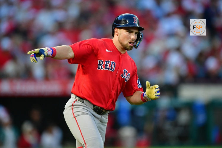 Jul 3, 2026; Anaheim, California, USA; Boston Red Sox third baseman Caleb Durbin (5) runs the bases after hitting a solo home run against the Los Angeles Angels during the fifth inning at Angel Stadium. Credit: Gary A. Vasquez-Imagn Images