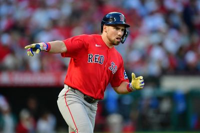 Jul 3, 2026; Anaheim, California, USA; Boston Red Sox third baseman Caleb Durbin (5) runs the bases after hitting a solo home run against the Los Angeles Angels during the fifth inning at Angel Stadium. Mandatory Credit: Gary A. Vasquez-Imagn Images