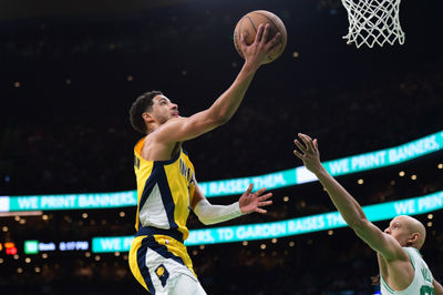 Dec 29, 2024; Boston, Massachusetts, USA; Indiana Pacers guard Tyrese Haliburton (0) drives to the basket while Boston Celtics guard Jordan Walsh (27) defends during the second half at TD Garden. Mandatory Credit: Bob DeChiara-Imagn Images