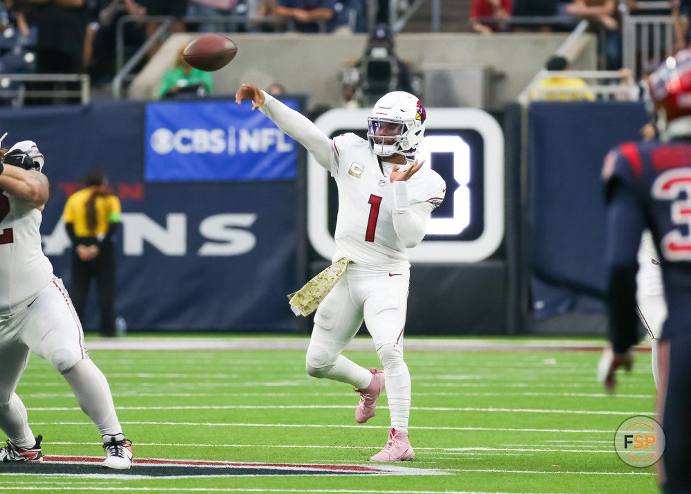 HOUSTON, TX - NOVEMBER 19: Arizona Cardinals quarterback Kyler Murray (1) throws for a pass in the fourth quarter during the NFL game between the Arizona Cardinals and Houston Texans on November 19, 2023 at NRG Stadium in Houston, Texas. (Photo by Leslie Plaza Johnson/Icon Sportswire)
