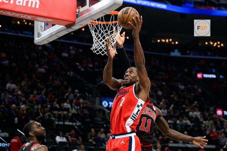 Mar 13, 2026; Inglewood, California, USA; Los Angeles Clippers forward Kawhi Leonard (2) shoots over Chicago Bulls forward Leonard Miller (11) during the second half at Intuit Dome. Credit: William Liang-Imagn Images