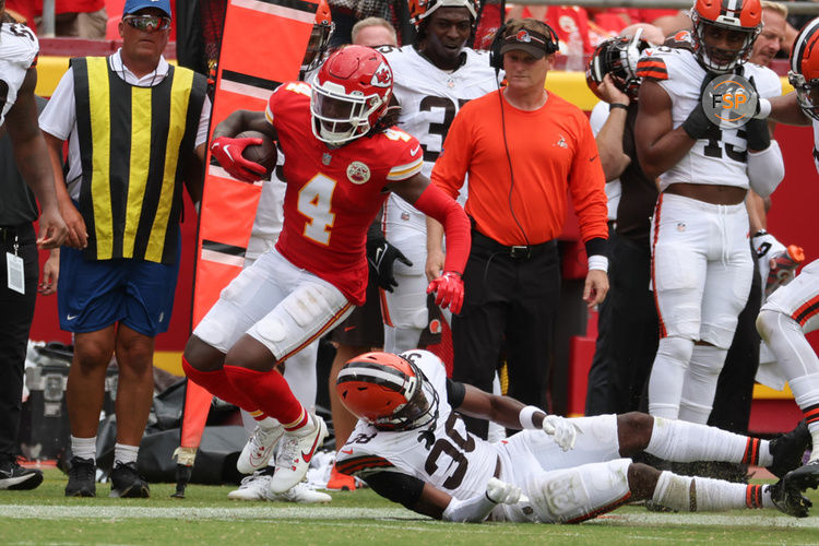 KANSAS CITY, MO - AUGUST 26: Kansas City Chiefs wide receiver Rashee Rice (4) is tackled near the sidelines in the second half of an NFL preseason game between the Cleveland Browns and Kansas City Chiefs on Aug 26, 2023 at GEHA Field at Arrowhead Stadium in Kansas City, MO. (Photo by Scott Winters/Icon Sportswire)