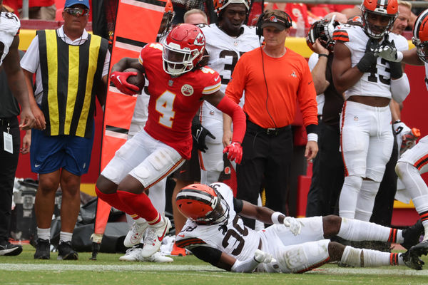 KANSAS CITY, MO - AUGUST 26: Kansas City Chiefs wide receiver Rashee Rice (4) is tackled near the sidelines in the second half of an NFL preseason game between the Cleveland Browns and Kansas City Chiefs on Aug 26, 2023 at GEHA Field at Arrowhead Stadium in Kansas City, MO. (Photo by Scott Winters/Icon Sportswire)