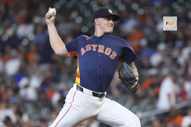 Jul 19, 2026; Houston, Texas, USA; Houston Astros starting pitcher Hunter Brown (58) delivers a pitch during the second inning against the Baltimore Orioles at Daikin Park. Credit: Troy Taormina-Imagn Images