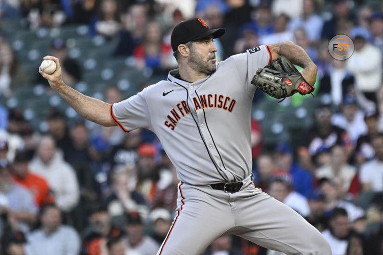 May 6, 2025; Chicago, Illinois, USA;  San Francisco Giants pitcher Justin Verlander (35) delivers against the Chicago Cubs during the first inning at Wrigley Field. Credit: Matt Marton-Imagn Images