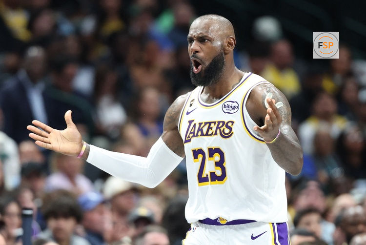 Apr 5, 2026; Dallas, Texas, USA;  Los Angeles Lakers forward LeBron James (23) reacts against the Dallas Mavericks during the second half at American Airlines Center. Credit: Kevin Jairaj-Imagn Images