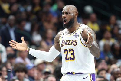 Apr 5, 2026; Dallas, Texas, USA;  Los Angeles Lakers forward LeBron James (23) reacts against the Dallas Mavericks during the second half at American Airlines Center. Mandatory Credit: Kevin Jairaj-Imagn Images