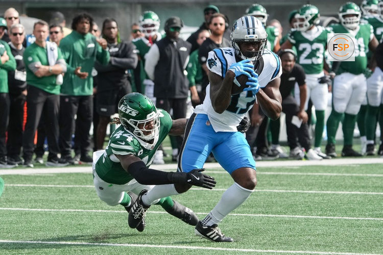 Oct 19, 2025; East Rutherford, New Jersey, USA; Carolina Panthers wide receiver Xavier Legette (17) makes a catch in the first quarter against the New York Jets at MetLife Stadium. Credit: Robert Deutsch-Imagn Images