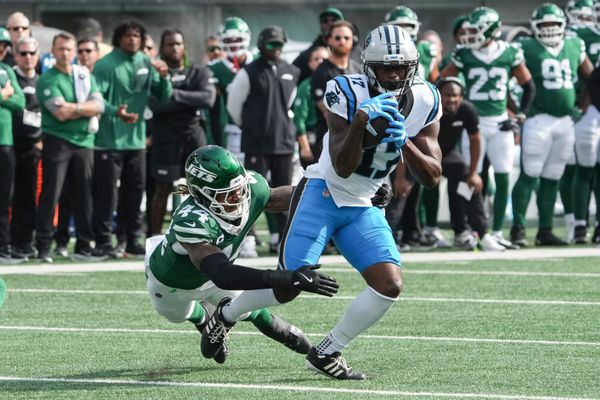 Oct 19, 2025; East Rutherford, New Jersey, USA; Carolina Panthers wide receiver Xavier Legette (17) makes a catch in the first quarter against the New York Jets at MetLife Stadium. Mandatory Credit: Robert Deutsch-Imagn Images