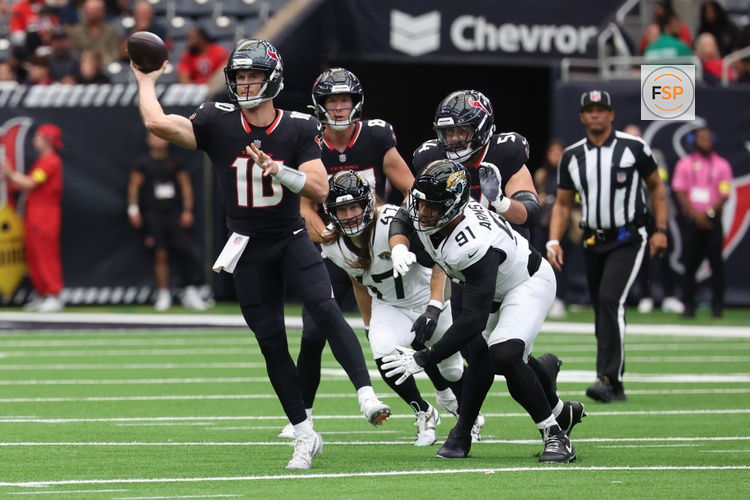 Nov 9, 2025; Houston, Texas, USA; Houston Texans quarterback Davis Mills (10) passes the ball against the Jacksonville Jaguars during the first half at NRG Stadium. Credit: Thomas Shea-Imagn Images