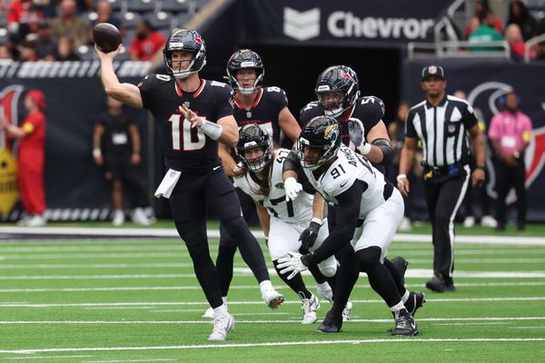 Nov 9, 2025; Houston, Texas, USA; Houston Texans quarterback Davis Mills (10) passes the ball against the Jacksonville Jaguars during the first half at NRG Stadium. Mandatory Credit: Thomas Shea-Imagn Images