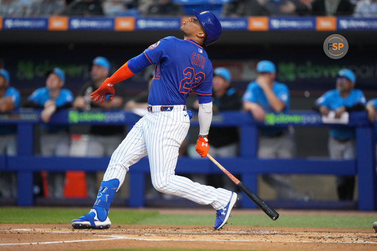 Mar 3, 2025; Port St. Lucie, Florida, USA;  New York Mets outfielder Juan Soto (22) flies out in the first inning against the Miami Marlins at Clover Park. Credit: Jim Rassol-Imagn Images