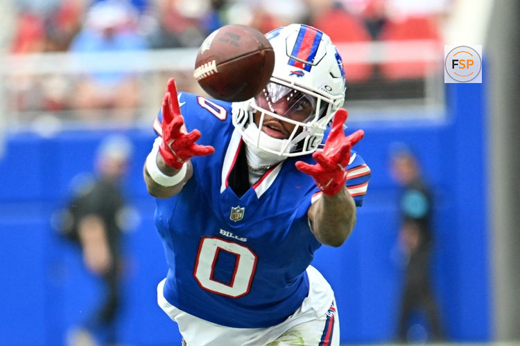 Oct 4, 2026; Orchard Park, New York, USA;  Buffalo Bills wide receiver Keon Coleman (0) makes a diving catch during the fourth quarter against the New England Patriots at New Highmark Stadium.  Credit: Mark Konezny-Imagn Images