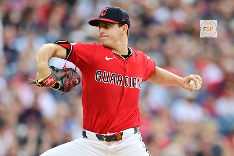 Jul 5, 2025; Cleveland, Ohio, USA; Cleveland Guardians starting pitcher Logan Allen (26) throws a pitch during the first inning against the Detroit Tigers at Progressive Field. Credit: Ken Blaze-Imagn Images