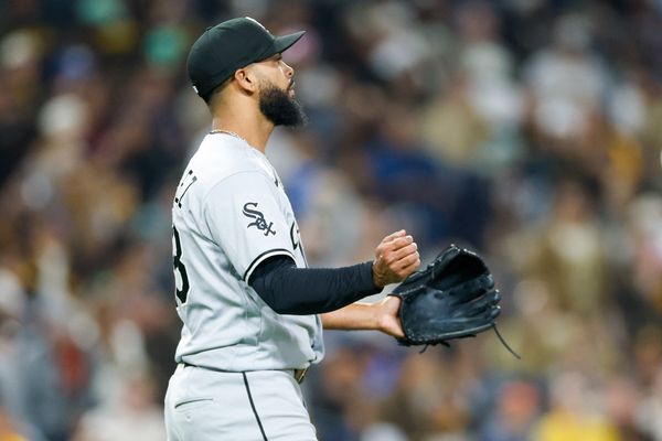 May 2, 2026; San Diego, California, USA; Chicago White Sox relief pitcher Seranthony Dominguez (58) celebrates after defeating the San Diego Padres at Petco Park. Mandatory Credit: David Frerker-Imagn Images