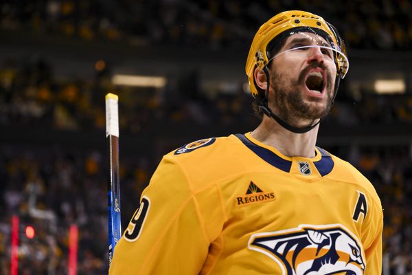 Feb 2, 2026; Nashville, Tennessee, USA;  Nashville Predators left wing Filip Forsberg (9) celebrates his goal against the St. Louis Blues during the second period at Bridgestone Arena. Mandatory Credit: Steve Roberts-Imagn Images
