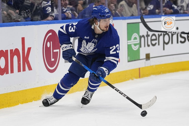 May 14, 2025; Toronto, Ontario, CAN; Toronto Maple Leafs forward Matthew Knies (23) carries the puck against the Florida Panthers during the first period of game five of the second round of the 2025 Stanley Cup Playoffs at Scotiabank Arena. Credit: John E. Sokolowski-Imagn Images