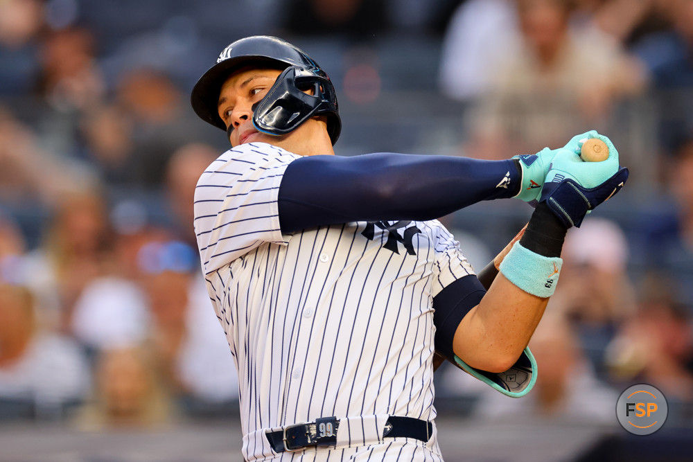 BRONX, NY - JUNE 21: Aaron Judge #99 of the New York Yankees at bat during the first inning of the game against the Atlanta Braves on June 21, 2024 at Yankee Stadium in Bronx, New York.  (Photo by Rich Graessle/Icon Sportswire)