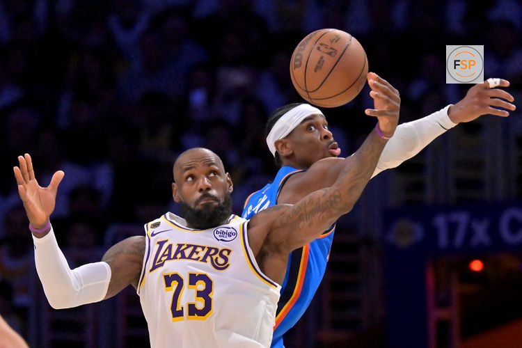 May 9, 2026; Los Angeles, California, USA; Oklahoma City Thunder guard Shai Gilgeous-Alexander (2) defends Los Angeles Lakers forward LeBron James (23) in the second half of game three of the second round of the 2026 NBA Playoffs at Crypto.com Arena. Credit: Jayne Kamin-Oncea-Imagn Images