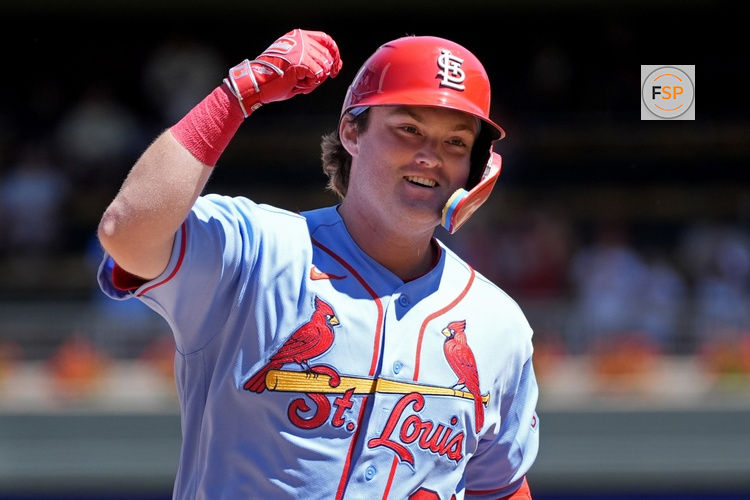 Jun 13, 2026; Minneapolis, Minnesota, USA; St. Louis Cardinals third baseman Blaze Jordan (33) runs the bases on his three run home run against the Minnesota Twins in the seventh inning at Target Field. Credit: Bruce Kluckhohn-Imagn Images