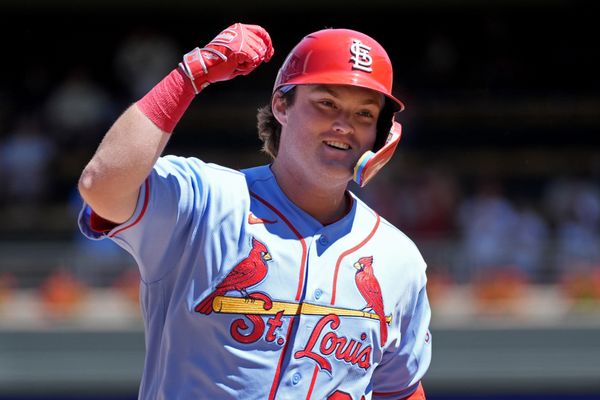Jun 13, 2026; Minneapolis, Minnesota, USA; St. Louis Cardinals third baseman Blaze Jordan (33) runs the bases on his three run home run against the Minnesota Twins in the seventh inning at Target Field. Mandatory Credit: Bruce Kluckhohn-Imagn Images