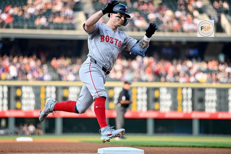 DENVER, CO - JULY 23: Boston Red Sox left fielder Tyler O'Neill (17) celebrates his first inning two-run home run as he rounds the bases during a game between the Boston Red Sox and the Colorado Rockies at Coors Field on July 23, 2024 in Denver, Colorado. (Photo by Dustin Bradford/Icon Sportswire)