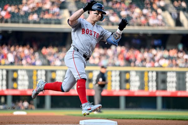 DENVER, CO - JULY 23: Boston Red Sox left fielder Tyler O'Neill (17) celebrates his first inning two-run home run as he rounds the bases during a game between the Boston Red Sox and the Colorado Rockies at Coors Field on July 23, 2024 in Denver, Colorado. (Photo by Dustin Bradford/Icon Sportswire)