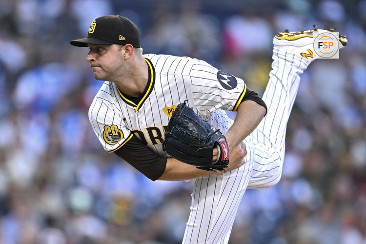 Aug 13, 2024; San Diego, California, USA; San Diego Padres starting pitcher Michael King (34) pitches against the Pittsburgh Pirates during the first inning at Petco Park. Credit: Orlando Ramirez-USA TODAY Sports