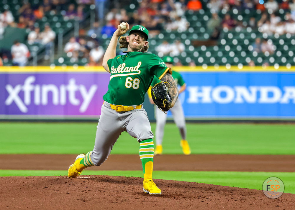 HOUSTON, TX - MAY 16:  Oakland Athletics starting pitcher Joey Estes (68) throws a pitch in the bottom of the second inning during the MLB game between the Oakland Athletics and Houston Astros on May 16, 2024 at Minute Maid Park in Houston, Texas.  (Photo by Leslie Plaza Johnson/Icon Sportswire)