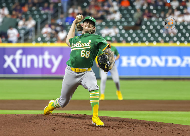 HOUSTON, TX - MAY 16:  Oakland Athletics starting pitcher Joey Estes (68) throws a pitch in the bottom of the second inning during the MLB game between the Oakland Athletics and Houston Astros on May 16, 2024 at Minute Maid Park in Houston, Texas.  (Photo by Leslie Plaza Johnson/Icon Sportswire)