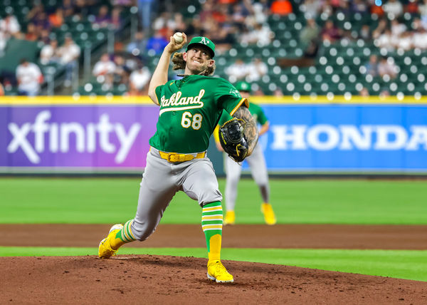 HOUSTON, TX - MAY 16:  Oakland Athletics starting pitcher Joey Estes (68) throws a pitch in the bottom of the second inning during the MLB game between the Oakland Athletics and Houston Astros on May 16, 2024 at Minute Maid Park in Houston, Texas.  (Photo by Leslie Plaza Johnson/Icon Sportswire)