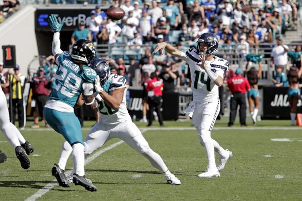 Oct 12, 2025; Jacksonville, Florida, USA; Seattle Seahawks quarterback Sam Darnold (14) throws a pass during the second half against the Jacksonville Jaguars at EverBank Stadium. Mandatory Credit: Travis Register-Imagn Images