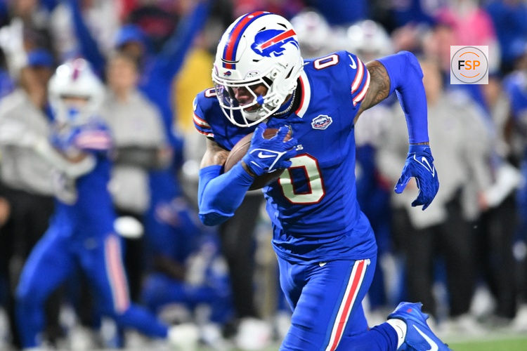 Sep 7, 2025; Orchard Park, New York, USA;  Buffalo Bills wide receiver Keon Coleman (0) runs the ball during the fourth quarter against the Baltimore Ravens at Highmark Stadium. Credit: Mark Konezny-Imagn Images