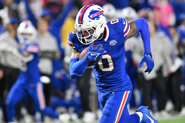 Sep 7, 2025; Orchard Park, New York, USA;  Buffalo Bills wide receiver Keon Coleman (0) runs the ball during the fourth quarter against the Baltimore Ravens at Highmark Stadium. Mandatory Credit: Mark Konezny-Imagn Images