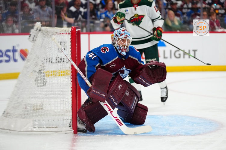 May 3, 2026; Denver, Colorado, USA; Colorado Avalanche goaltender Scott Wedgewood (41) defends the net against the Minnesota Wild during the first period in game one of the second round of the 2026 Stanley Cup Playoffs at Ball Arena. Credit: Ron Chenoy-Imagn Images