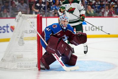 May 3, 2026; Denver, Colorado, USA; Colorado Avalanche goaltender Scott Wedgewood (41) defends the net against the Minnesota Wild during the first period in game one of the second round of the 2026 Stanley Cup Playoffs at Ball Arena. Mandatory Credit: Ron Chenoy-Imagn Images