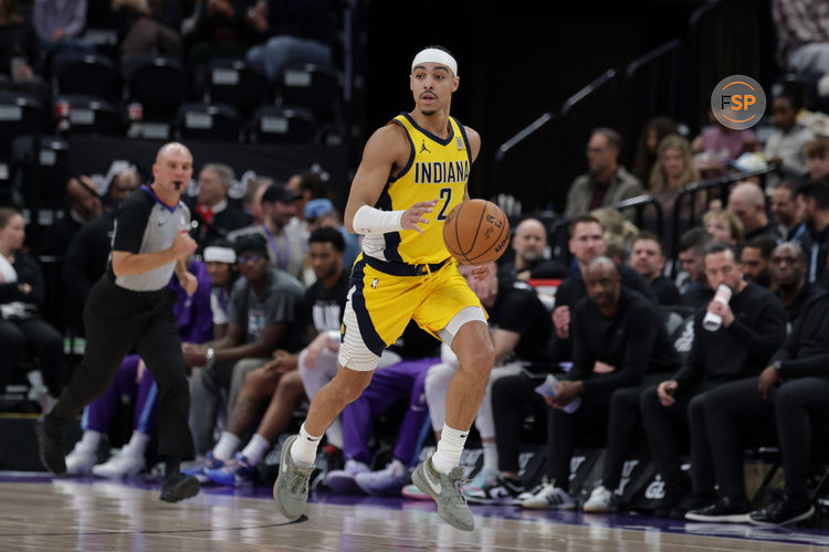 Feb 3, 2025; Salt Lake City, Utah, USA;  Indiana Pacers guard Andrew Nembhard (2) brings the ball up the court during the second half against the Utah Jazz at Delta Center. Credit: Chris Nicoll-Imagn Images