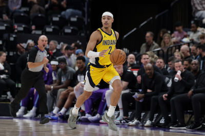 Feb 3, 2025; Salt Lake City, Utah, USA;  Indiana Pacers guard Andrew Nembhard (2) brings the ball up the court during the second half against the Utah Jazz at Delta Center. Mandatory Credit: Chris Nicoll-Imagn Images