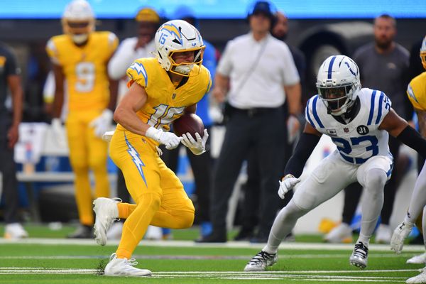 Oct 19, 2025; Inglewood, California, USA; Los Angeles Chargers wide receiver Ladd McConkey (15) runs the ball in the second half against the Indianapolis Colts at SoFi Stadium. Mandatory Credit: Gary A. Vasquez-Imagn Images