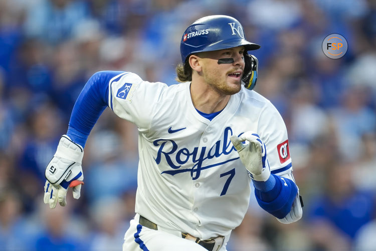 Oct 9, 2024; Kansas City, Missouri, USA; Kansas City Royals shortstop Bobby Witt Jr. (7) runs to first base during the first inning against the New York Yankees in game three of the ALDS for the 2024 MLB Playoffs at Kauffman Stadium. Credit: Jay Biggerstaff-Imagn Images