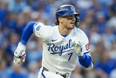 Oct 9, 2024; Kansas City, Missouri, USA; Kansas City Royals shortstop Bobby Witt Jr. (7) runs to first base during the first inning against the New York Yankees in game three of the ALDS for the 2024 MLB Playoffs at Kauffman Stadium. Mandatory Credit: Jay Biggerstaff-Imagn Images