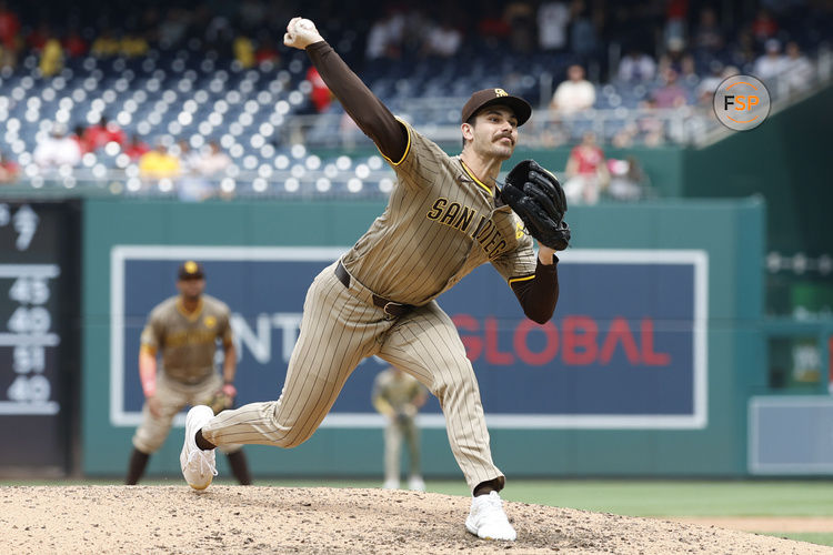 Jul 25, 2024; Washington, District of Columbia, USA; San Diego Padres starting pitcher Dylan Cease (84) pitches against the Washington Nationals during the eighth inning at Nationals Park. Credit: Geoff Burke-USA TODAY Sports