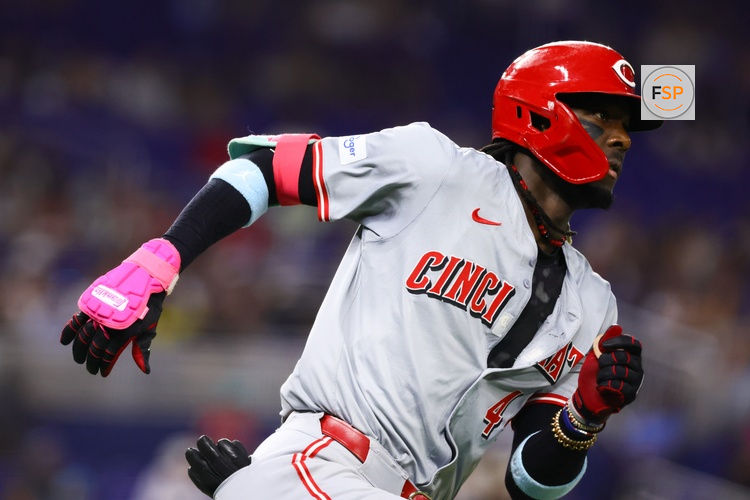 Aug 5, 2024; Miami, Florida, USA; Cincinnati Reds shortstop Elly De La Cruz (44) runs toward second base after hitting a double against the Miami Marlins during the fourth inning at loanDepot Park. Credit: Sam Navarro-USA TODAY Sports