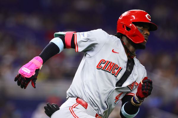 Aug 5, 2024; Miami, Florida, USA; Cincinnati Reds shortstop Elly De La Cruz (44) runs toward second base after hitting a double against the Miami Marlins during the fourth inning at loanDepot Park. Mandatory Credit: Sam Navarro-USA TODAY Sports